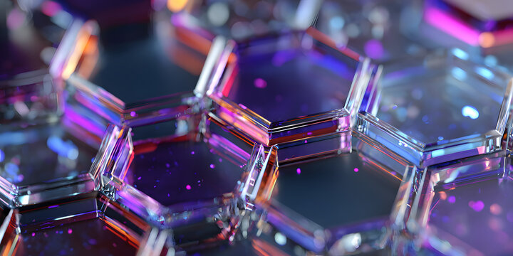 Abstract hexagon pattern 3d background. Futuristic sci fi honeycomb design. Glass holographic polygon shapes with purple blue gradient and motion effect. Render digital tech banner. 3D illustration