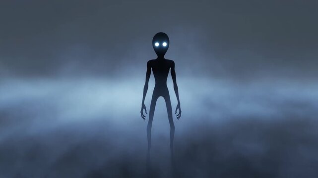 Mysterious alien creature with glowing white eyes standing in dark foggy atmosphere video background animation clip