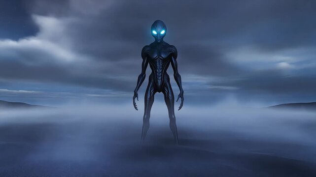 Mysterious extraterrestrial humanoid standing menacingly in eerie foggy landscape under stormy night sky video footage