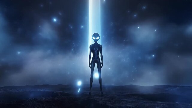 Mysterious extraterrestrial humanoid standing under glowing cosmic light beam in alien landscape video clip