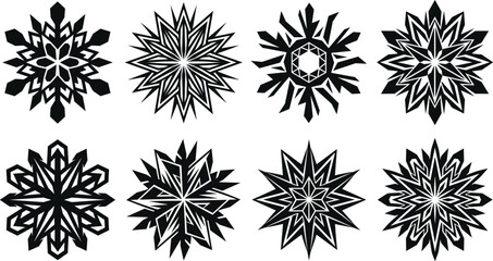 Obraz premium Black Geometric Snowflake Vector Illustration with Eight Intricate Radial Designs for Winter Holiday Decorations