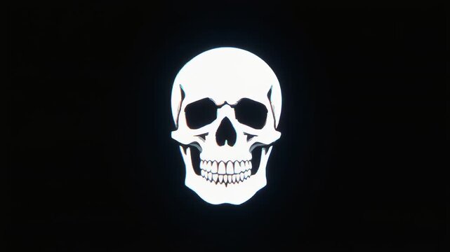 Glowing white human skull graphic glitching with colorful light streaks across dark background video footage