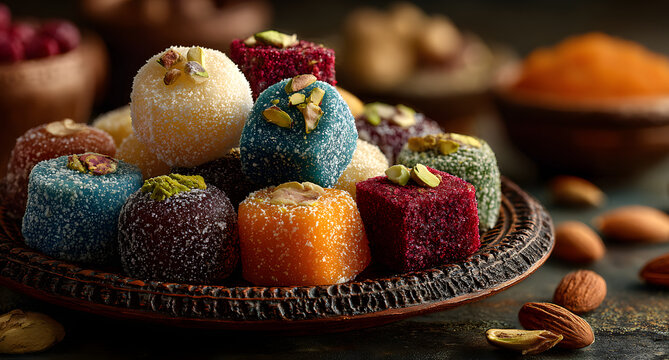 traditional indian sweets on concrete background fla lay