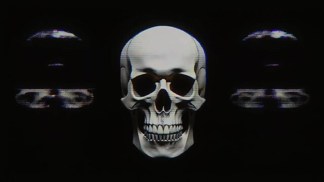 Multiple human skulls glitching and distorting with digital errors in creepy animation motion footage