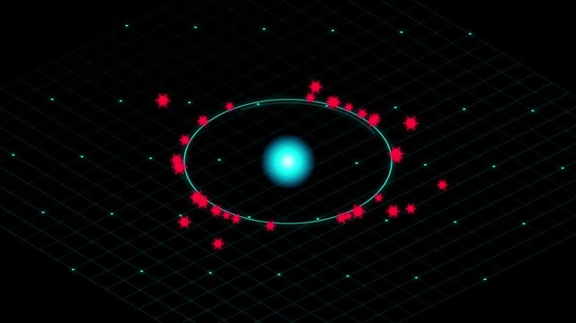 Abstract digital visualization of a glowing central core surrounded by orbiting red particles