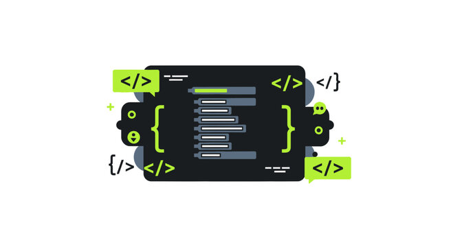 Software Development and Computer Coding Flat Vector Illustration