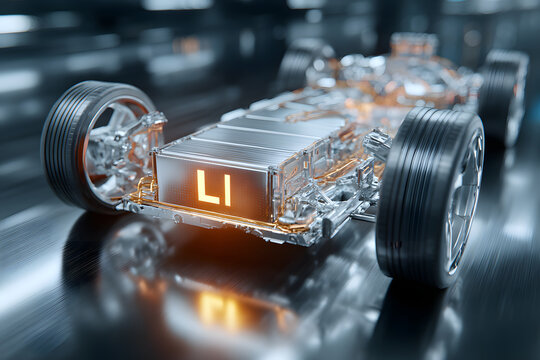 Lithium (Li) chemical element symbol in periodic table with lithium - ion batteries, electric vehicle (EV) car. The primary use Li is in high energy density batteries for EV car and portable devices.