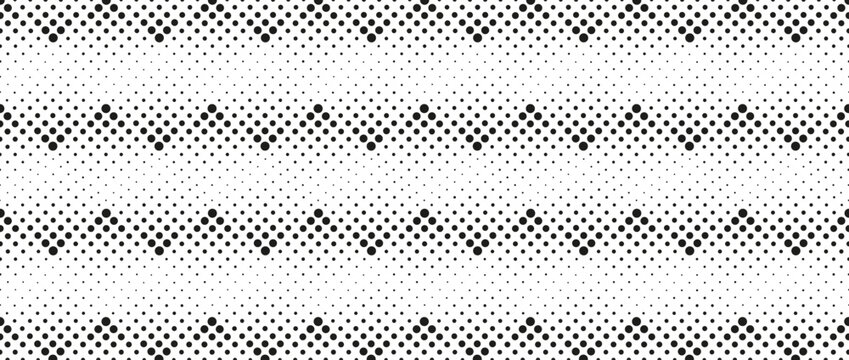Abstract seamless halftone pattern background. Black and white geometric dotted texture with repeating retro chevron shapes and optical illusion effect.