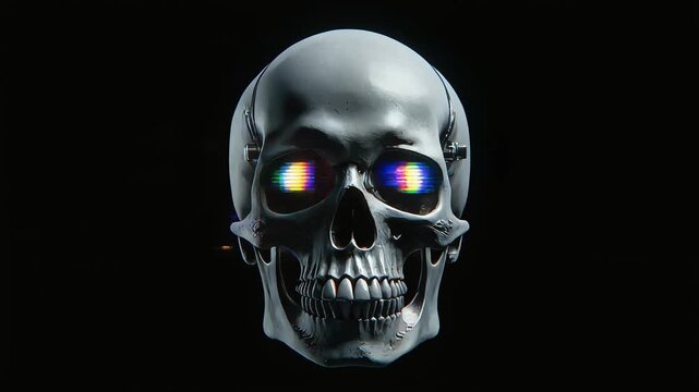 Futuristic cybernetic skull glowing with digital lights in motion video clip animation