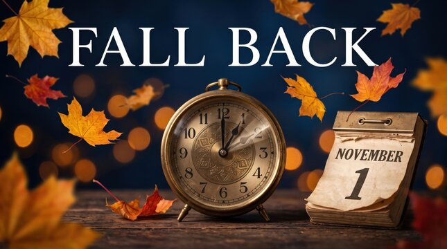 "FALL BACK" text with vintage alarm clock and tear-off calendar showing November 1, surrounded by autumn maple leaves, representing daylight saving time end and fall season change