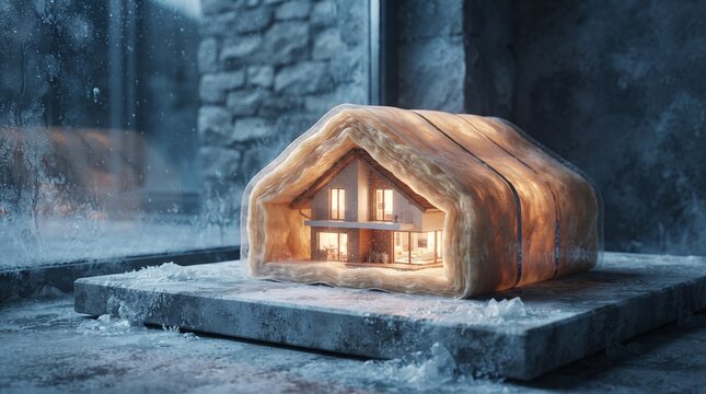 Cozy modern house model encased in ice and frost symbolizing winter insulation and energy efficiency for marketing