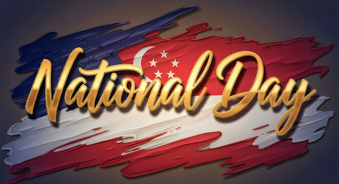 Elegant gold text design celebrating national day against a textured red white and blue painted background
