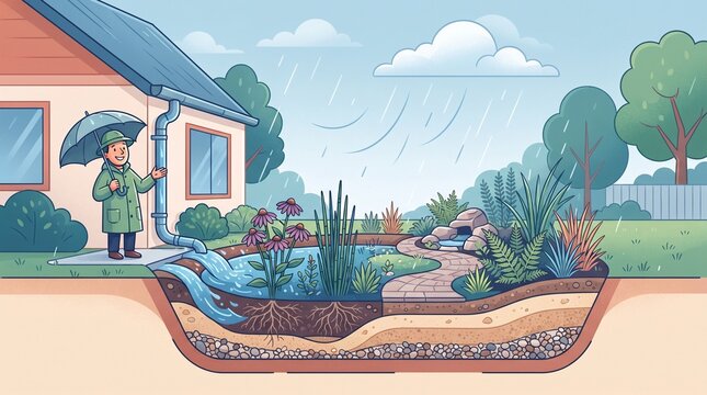 Cartoon style illustration of a man with umbrella checking rainwater drainage from house gutter into a garden pond with cross section of soil layers