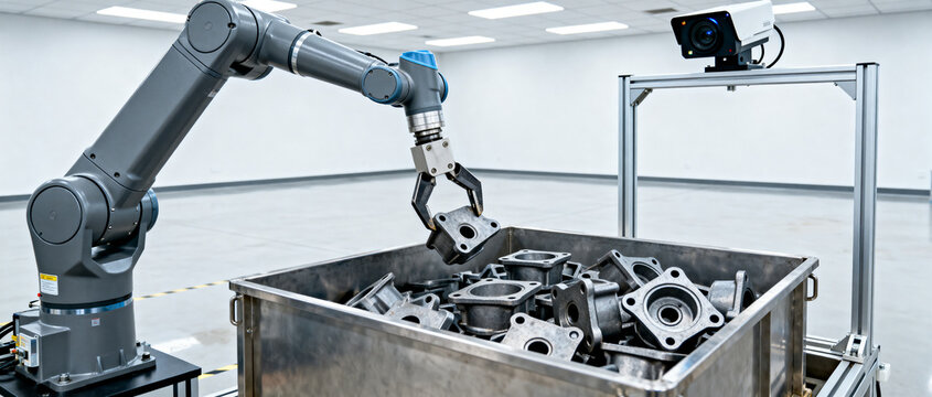Industrial robotic arm with a gripper sorts metal components from a large bin under a machine vision camera in a clean factory environment