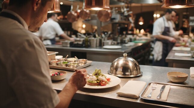 Chef meticulously garnishing a gourmet breakfast dish with microgreens and poached eggs in a professional kitchen setting