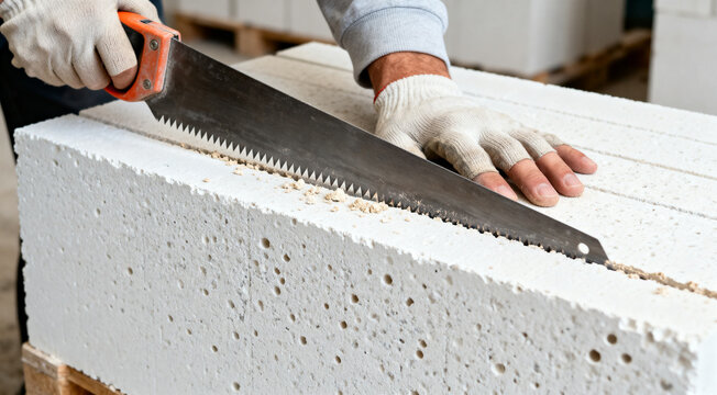 Construction worker uses a hand saw to cut an aerated concrete block while wearing protective gloves, demonstrating precise manual masonry work and preparation of building materials on a job site.