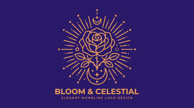 Elegant golden rose logo design with celestial sun and moon motifs.
