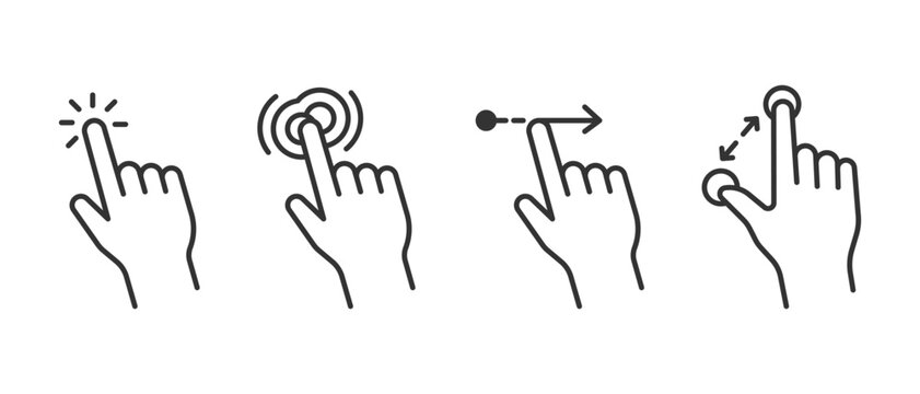 Hand gestures and touch screen interactions outline icons including tap, double tap, swipe, and pinch zoom