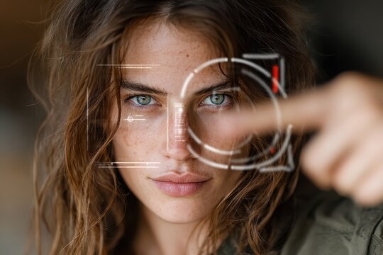 Futuristic Facial Recognition Technology Interface on Young Woman's Face