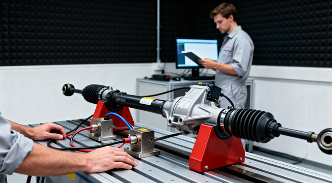 Technician tests a vehicle steering rack on a workbench using electronic diagnostic equipment and measurement tools in a controlled workshop environment