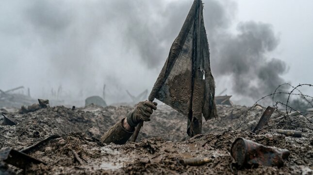 Fallen Soldier Hand Holding Torn Flag in Muddy Battlefield Conceptual War Image