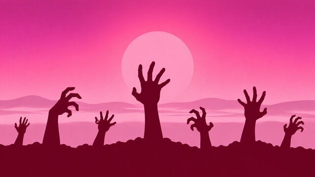 Zombie hands rising from ground, silhouette horror illustration, vibrant pink sunset moon background