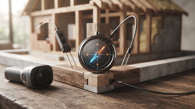 Construction site inspection with compass, moisture meter and camera for quality control and project management