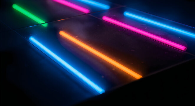 Vibrant colorful neon light tubes arranged for a festive national day celebration display in a dark setting