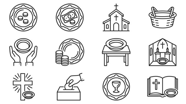 Christian church donation and offering icons set featuring religious