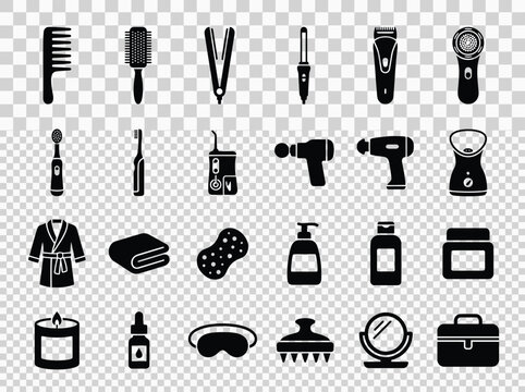 Black Friday, Minimalist black hair care and beauty spa icons set, 24 personal grooming and hygiene vector symbols, wellness cosmetic elements isolated on Transparent Background