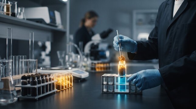 Scientist in blue gloves conducts soil sample analysis in a modern laboratory with glowing test tubes and equipment