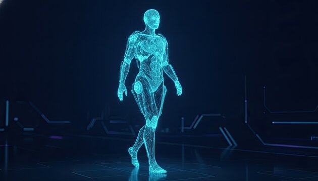 Digital humanoid robot walks forward in a virtual space constructed from a glowing wireframe mesh to represent advanced artificial intelligence.
