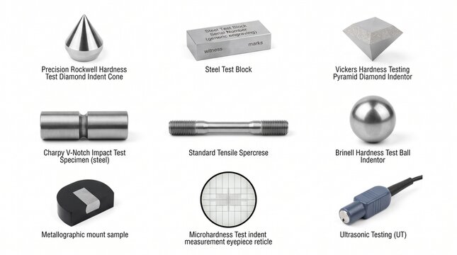 Collection of Metal Material Testing Equipment and Samples for Industrial Quality Control and Engineering Applications