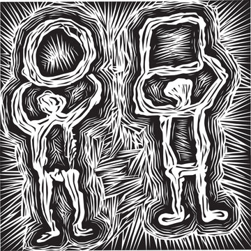 linocut style illustration of 2 people arguing 