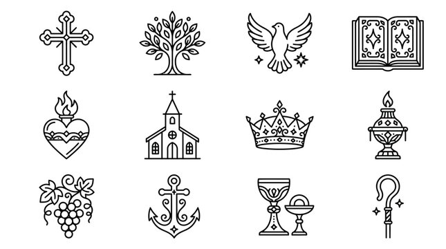 Set of christian religious icons featuring cross dove church and