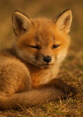 Fototapeta premium Adorable fox cub resting peacefully.