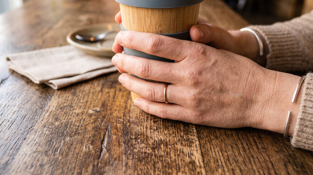 Close-up of hands holding a reusable bamboo coffee cup at a rustic wooden cafe table. Sustainable morning routine, zero waste lifestyle, and refusing single-use plastic.