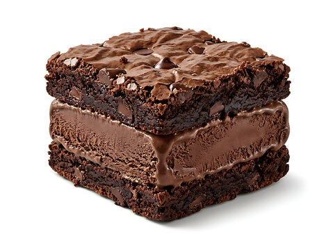 Chocolate Ice Cream Sandwich Between Two Rich Chocolate Brownies on White Background dessert sweet