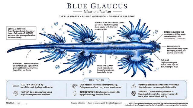 Educational anatomical illustration of Glaucus atlanticus blue dragon pelagic nudibranch floating upside down showing cerata 6 clusters, cnidosac venomous sting, ventral foot gas bubble sack, 