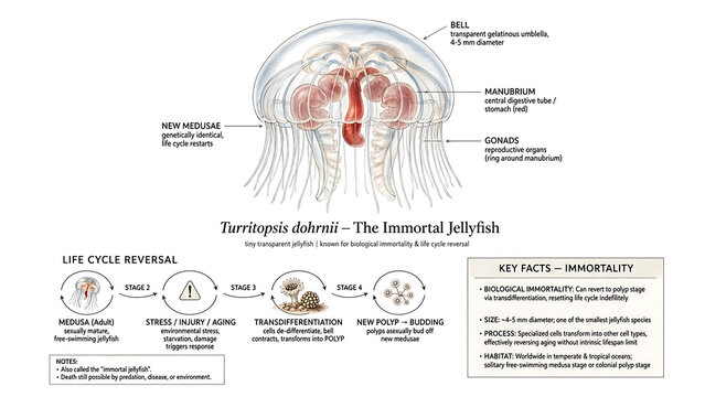Educational anatomical illustration of Turritopsis dohrnii the immortal jellyfish showing bell transparent gelatinous umbrella 4-5 mm diameter, manubrium central digestive tube stomach, gonads reprodu