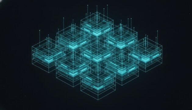 Isometric cluster of glowing blue wireframe data server nodes illustrates centralized computing architecture and information storage.