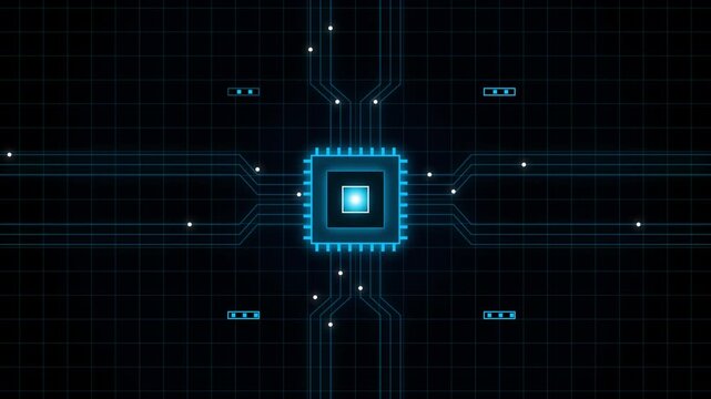 This animation shows a neural network processing data within a glowing blue digital circuit. The network's nodes and connections illuminate as information flows through the system, creating a futurist