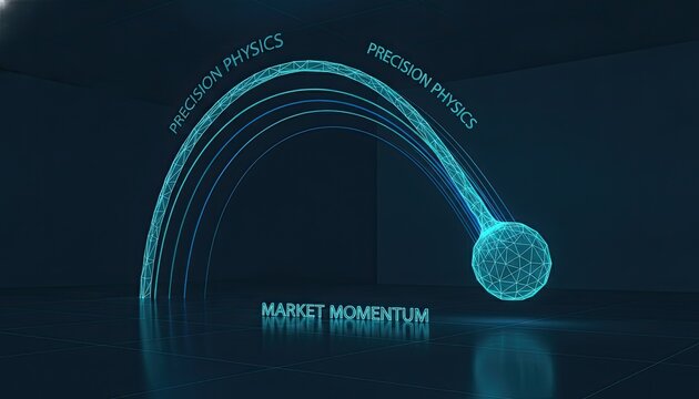 Advanced financial analytics dashboard displays market momentum and precision physics trajectories using a blue digital wireframe arc.