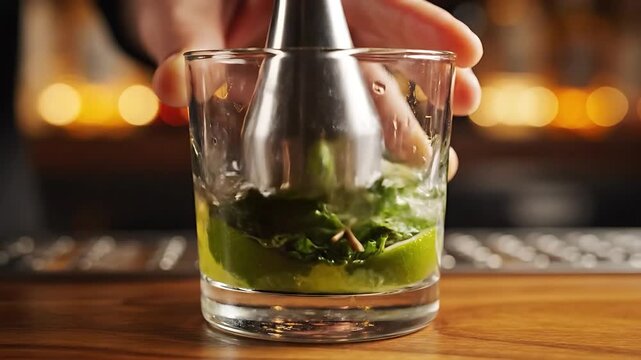 Mojito Cocktail Preparation with Muddled Mint and Lime, Transitioning Into a Finished Drink. and Glass and Bartender