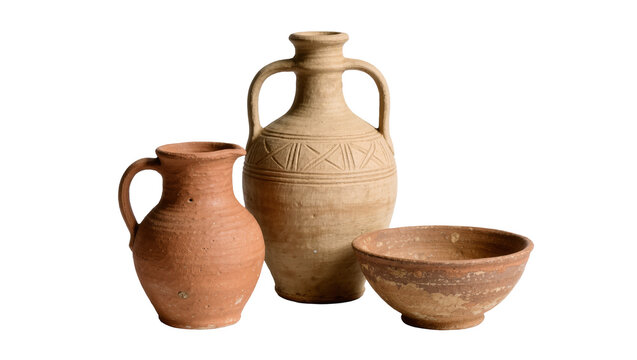 Ancient terracotta amphora jug and bowl, isolated on transparent background
