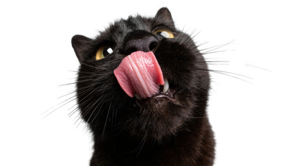 Black cat with yellow eyes licking its nose, isolated on transparent background © isong