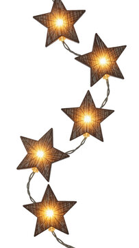Rustic wooden star string lights with warm glow, isolated on transparent background