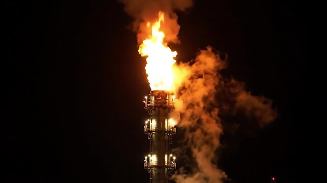 Industrial Flare Stack Emitting Flames and Smoke, Looping Animation with Rising Plumes Against a Dark Night Sky.