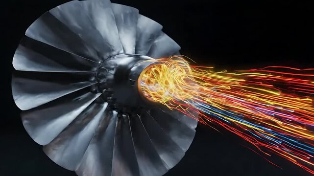 Rotating Turbine with Vibrant Light Trails Swirling and Dispersing, Creating a Dynamic Motion Graphics Effect.