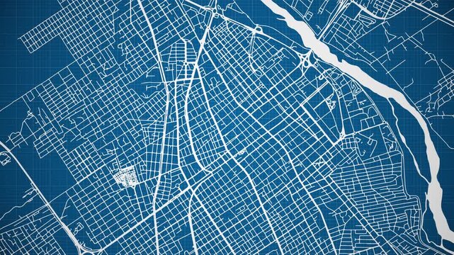 Ink reveal animation of Santiago del Estero city, Argentina grid map. Aerial top view. Blueprint style. White lines with blue background. 4K Seamless loop.